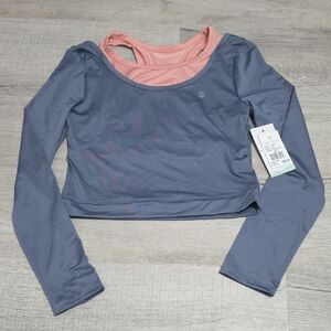 NWT Balance Collection Girl's Blue and Pink Long Sleeve Crop Top- Size 14/16